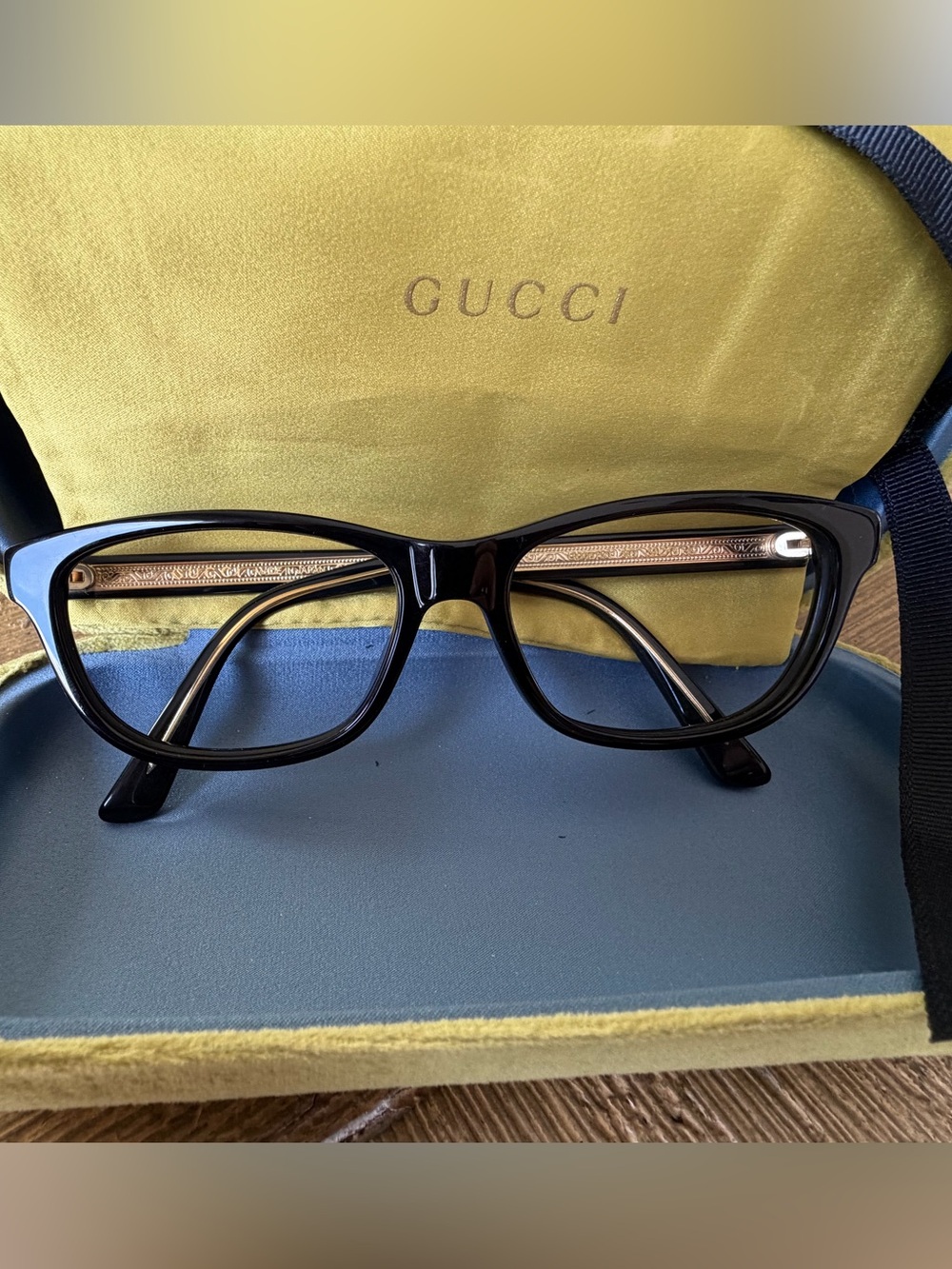 Gucci Black Cat-Eye Optical Glasses Frames with Gold Accents